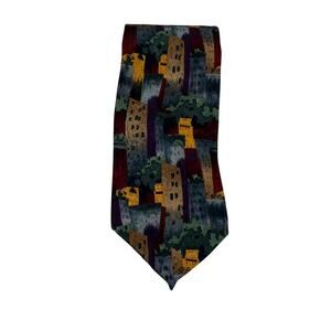J GARCIA Silk Necktie Mens Abstract Cityscape Scenic Art Woven Vintage USA
